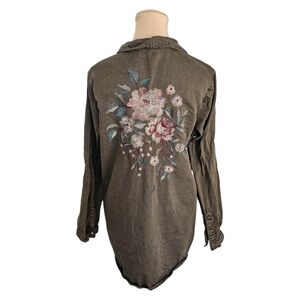 Ever New Green Button Up Long Sleeve Shirt With Florral Embroidered Back Sz 10